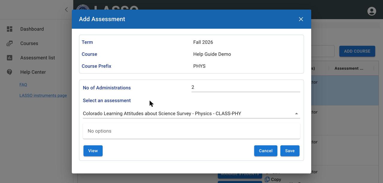 Add Assessment dialog with Colorado Learning Attitudes about Science Survey - Physics selected, and the View, Cancel and Save buttons