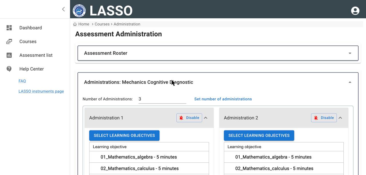 Cognitive diagnostic administration cards, each with a Select Learning Objectives button and a list of learning objectives with estimated minutes