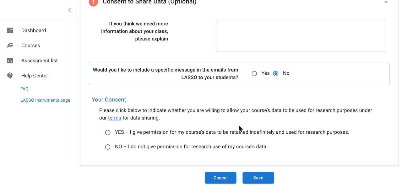 Consent to Share Data section with a box for notes to the LASSO team, the option to include a message in emails to students, and the Your Consent choice of YES or NO, above the Cancel and Save buttons