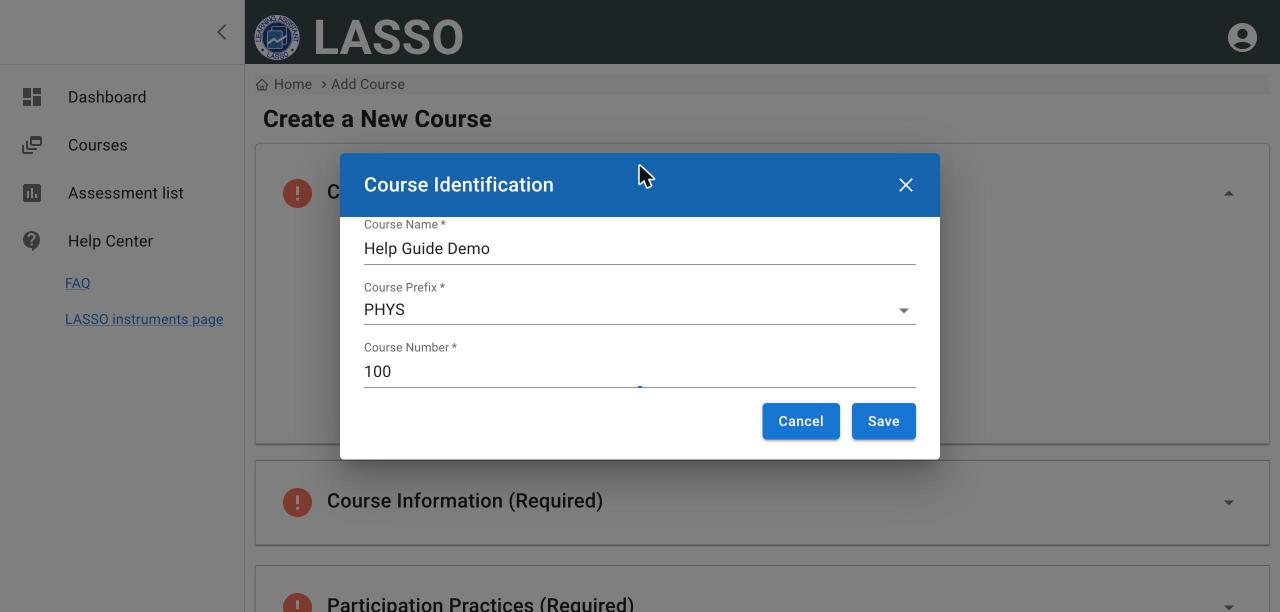 Course Identification dialog with Course Name, Course Prefix and Course Number filled in, and Cancel and Save buttons