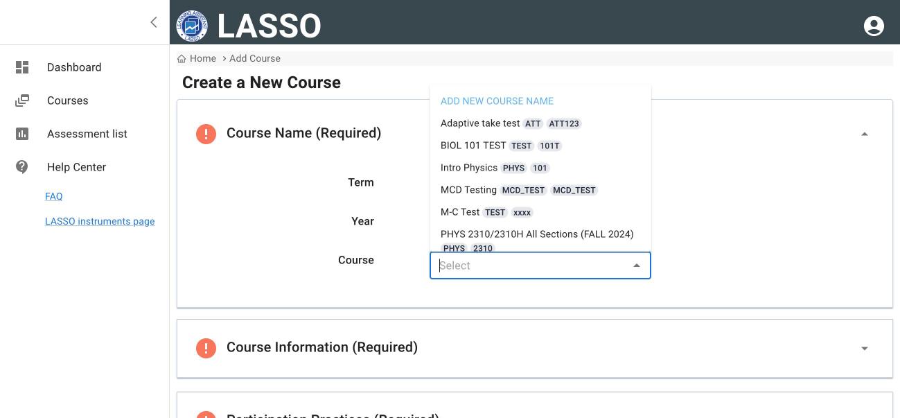 Course Name section with Term set to Fall, Year 2026, and the Course menu open showing ADD NEW COURSE NAME at the top followed by existing course names