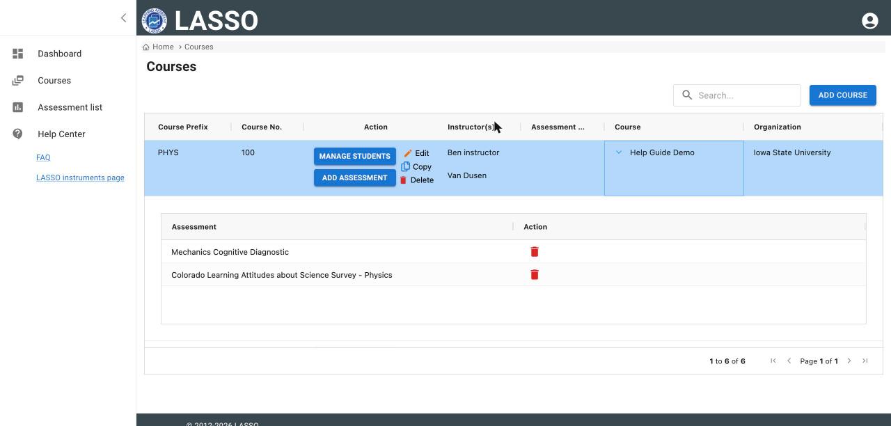 Courses table scrolled to the right so the Course column is visible; the arrow next to the course name has been clicked, listing its assessments with a delete icon for each
