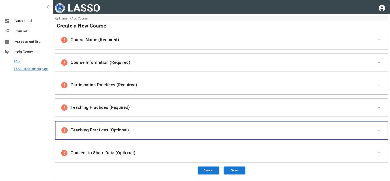 Create a New Course form with six collapsible sections: Course Name, Course Information, Participation Practices, Teaching Practices (required), Teaching Practices (optional), and Consent to Share Data, with Cancel and Save buttons