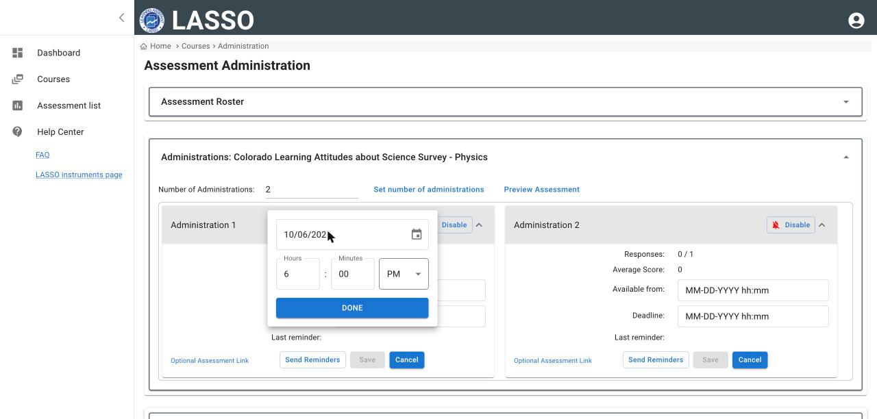 Date and time picker opened from Available from, with a date field, Hours, Minutes, AM or PM, and a DONE button