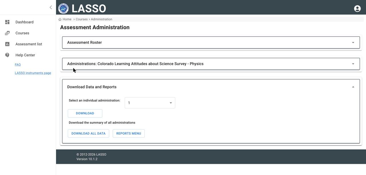 Assessment Administration page with the Download Data and Reports section open, showing the administration selector, Download, Download All Data and Reports Menu buttons