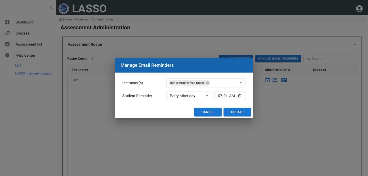 Manage Email Reminders dialog with Instructor(s), Student Reminder frequency and time, and Cancel and Update buttons