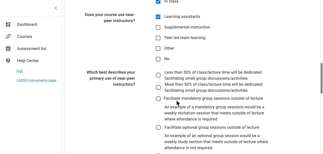 Course Information section: Learning assistants is checked under near-peer instructors, which reveals the required question Which best describes your primary use of near-peer instructors
