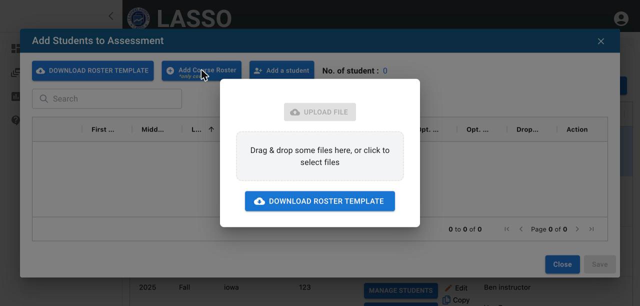 Add Course Roster window with a drag-and-drop area for the CSV file, an UPLOAD FILE button, and a DOWNLOAD ROSTER TEMPLATE button