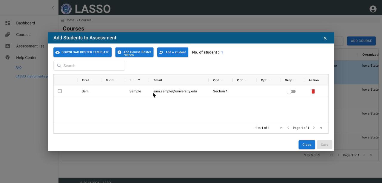 Course roster window with buttons DOWNLOAD ROSTER TEMPLATE, Add Course Roster and Add a student, and one student row showing name, email, Opt. Field 1, the Dropped switch and a delete icon