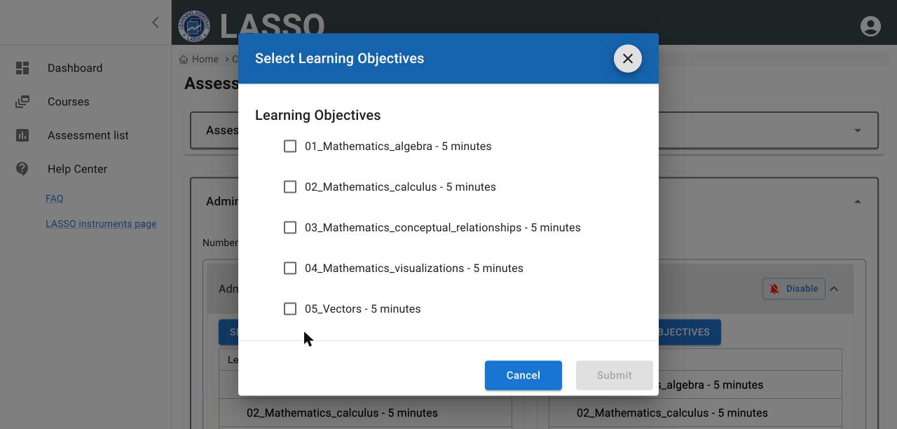Select Learning Objectives dialog with a checkbox for each learning objective and its estimated minutes, plus Cancel and Submit buttons